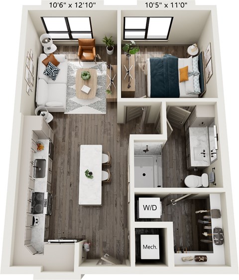 Floor plan for 1 bed, 1 bath, 640 sqft