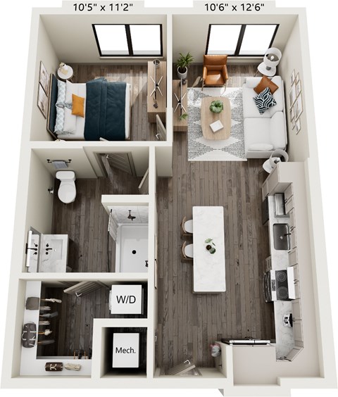 Floor plan for 1 bed, 1 bath, 640 sqft