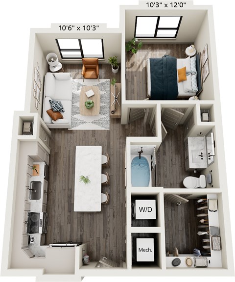 Floor plan for 1 bed, 1 bath, 669 sqft