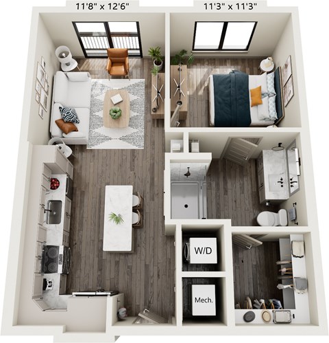 Floor plan for 1 bed, 1 bath, 674 sqft