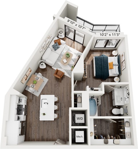 Floor plan for 1 bed, 1 bath, 692 sqft