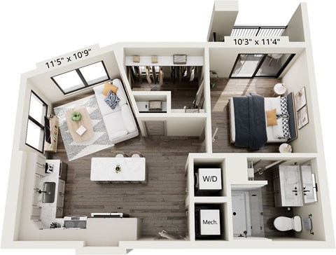 Floor plan for 1 bed, 1 bath, 596 sqft