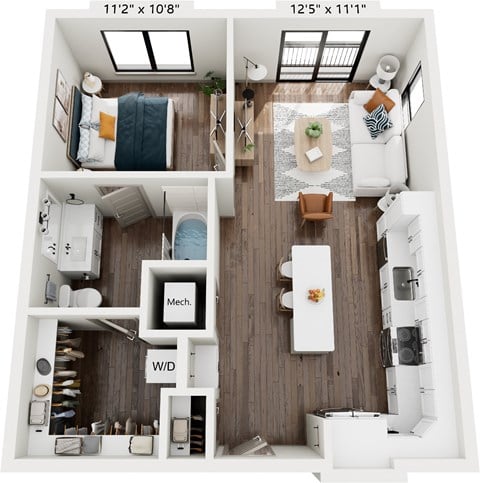 Floor plan for 1 bed, 1 bath, 702 sqft