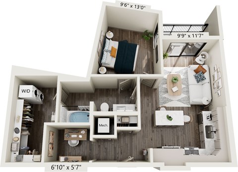 Floor plan for 1 bed, 1 bath, 714 sqft