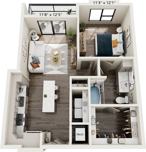 Floor plan for 1 bed, 1 bath, 715 sqft