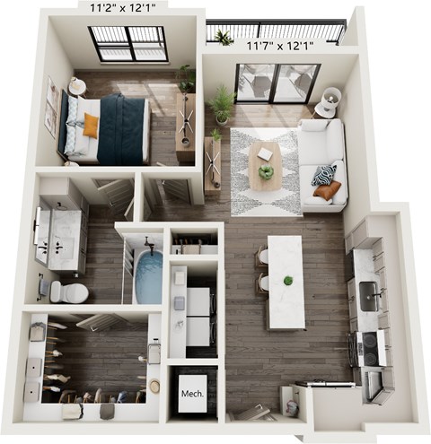 Floor plan for 1 bed, 1 bath, 715 sqft