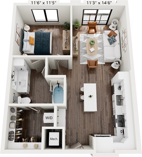 Floor plan for 1 bed, 1 bath, 722 sqft