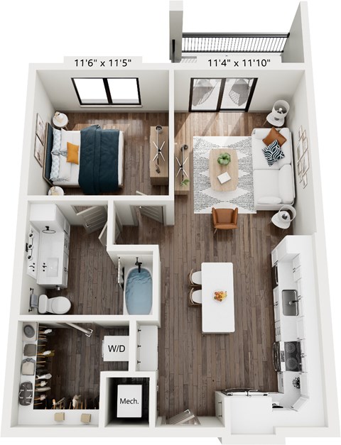 Floor plan for 1 bed, 1 bath, 722 sqft