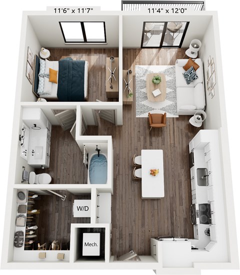 Floor plan for 1 bed, 1 bath, 722 sqft