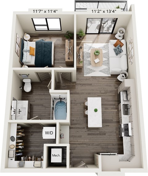 Floor plan for 1 bed, 1 bath, 722 sqft