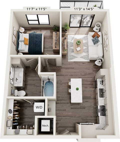Floor plan for 1 bed, 1 bath, 722 sqft