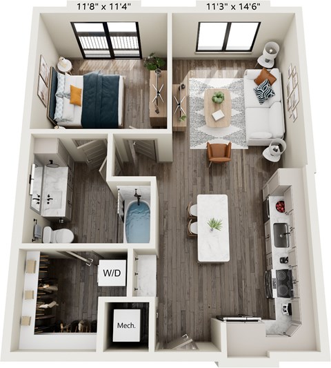 Floor plan for 1 bed, 1 bath, 722 sqft