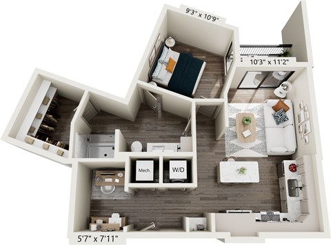 Floor plan for 1 bed, 1 bath, 722 sqft