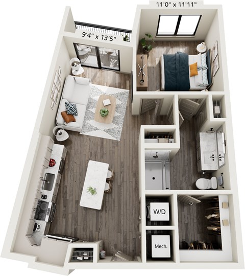 Floor plan for 1 bed, 1 bath, 722 sqft