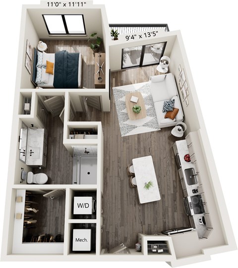 Floor plan for 1 bed, 1 bath, 722 sqft