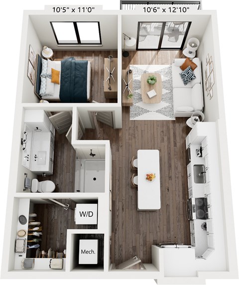 Floor plan for 1 bed, 1 bath, 640 sqft