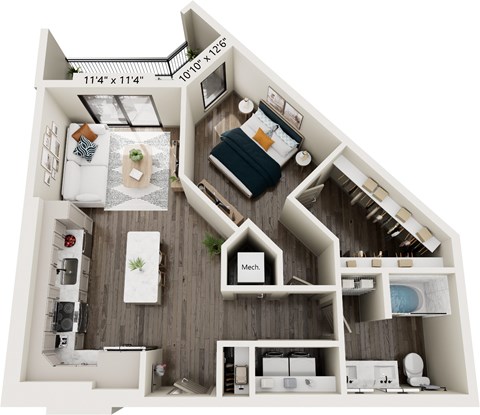 Floor plan for 1 bed, 1 bath, 739 sqft