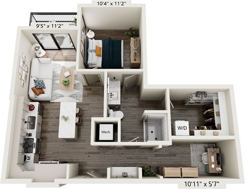 Floor plan for 1 bed, 1 bath, 744 sqft