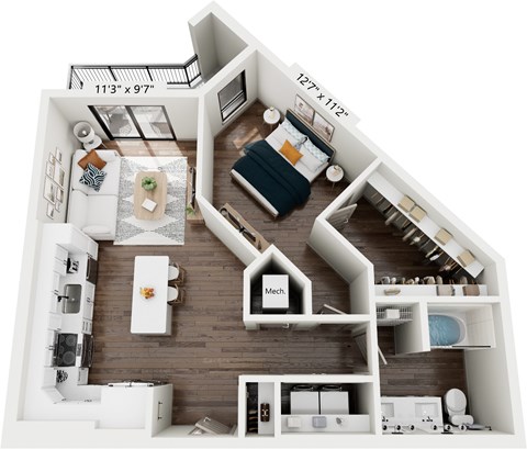 Floor plan for 1 bed, 1 bath, 750 sqft