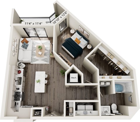 Floor plan for 1 bed, 1 bath, 755 sqft