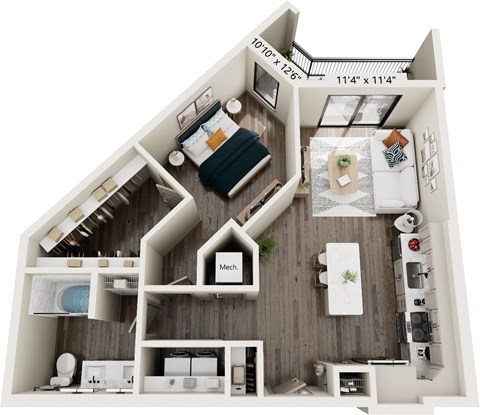 Floor plan for 1 bed, 1 bath, 758 sqft