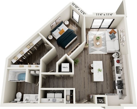 Floor plan for 1 bed, 1 bath, 758 sqft