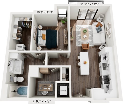 Floor plan for 1 bed, 1 bath, 759 sqft