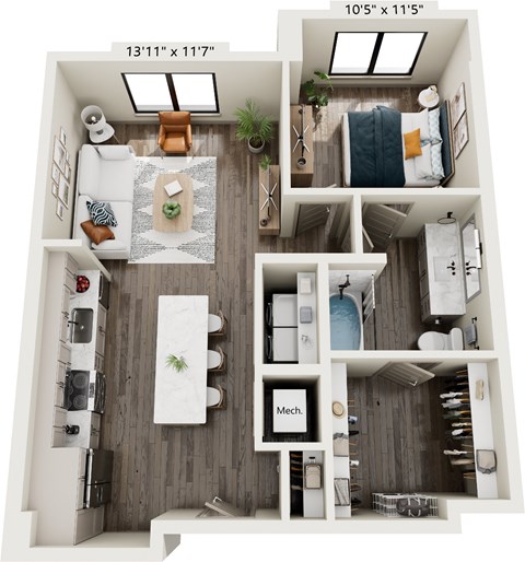 Floor plan for 1 bed, 1 bath, 771 sqft