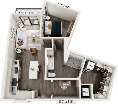 Floor plan for 1 bed, 1 bath, 776 sqft