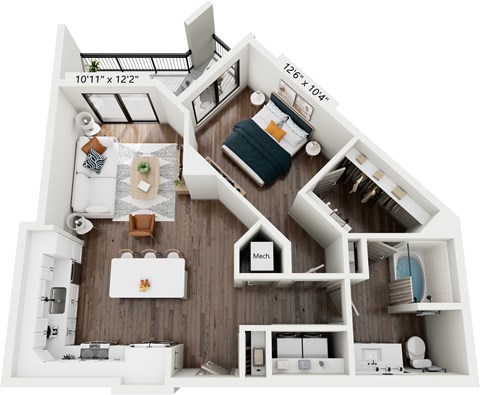 Floor plan for 1 bed, 1 bath, 777 sqft