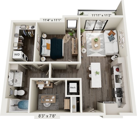 Floor plan for 1 bed, 1 bath, 777 sqft