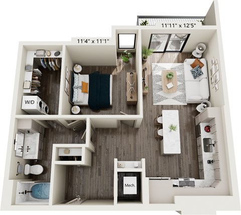Floor plan for 1 bed, 1 bath, 795 sqft