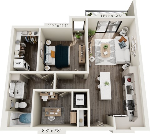 Floor plan for 1 bed, 1 bath, 797 sqft
