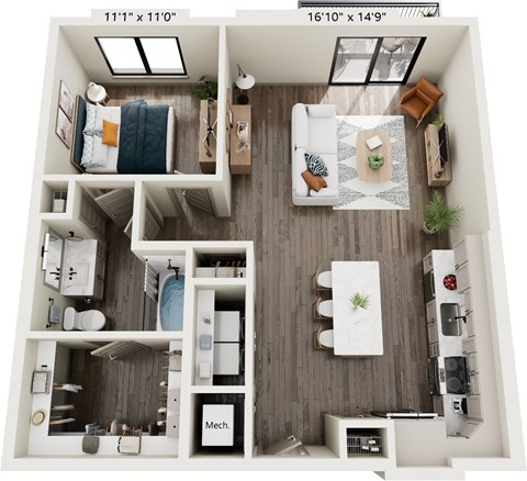 Floor plan for 1 bed, 1 bath, 843 sqft