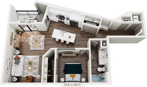 Floor plan for 1 bed, 1 bath, 934 sqft