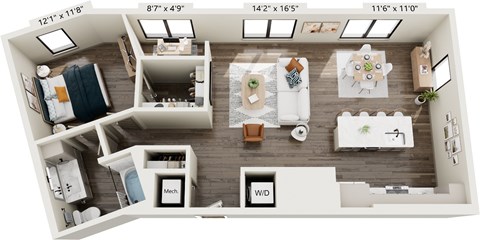 Floor plan for 1 bed, 1 bath, 945 sqft