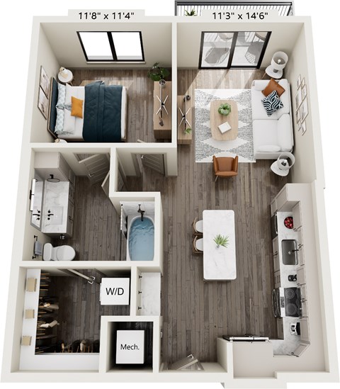 Floor plan for 1 bed, 1 bath, 640 sqft