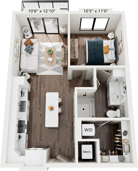 Floor plan for 1 bed, 1 bath, 640 sqft