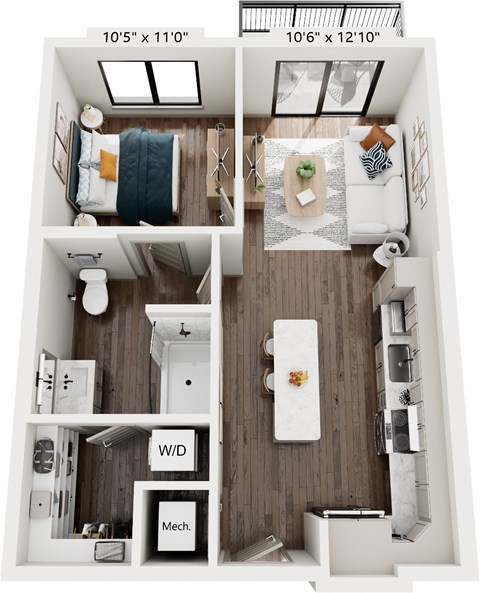 Floor plan for 1 bed, 1 bath, 640 sqft