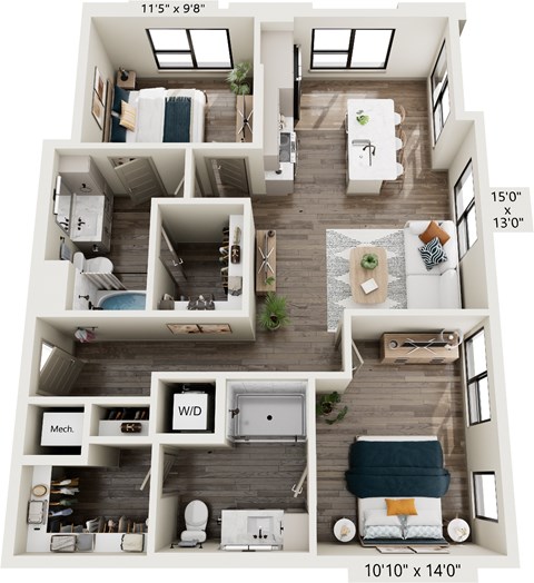 Floor plan for 2 beds, 2 baths, 1018 sqft