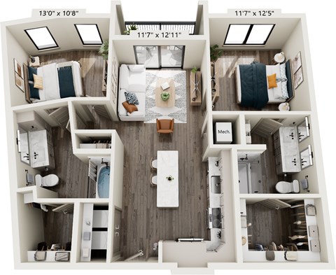 Floor plan for 2 beds, 2 baths, 1024 sqft
