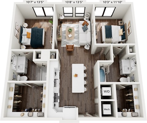 Floor plan for 2 beds, 2 baths, 1025 sqft