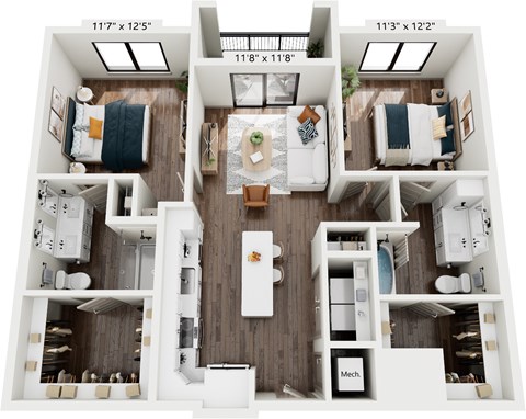 Floor plan for 2 beds, 2 baths, 1030 sqft