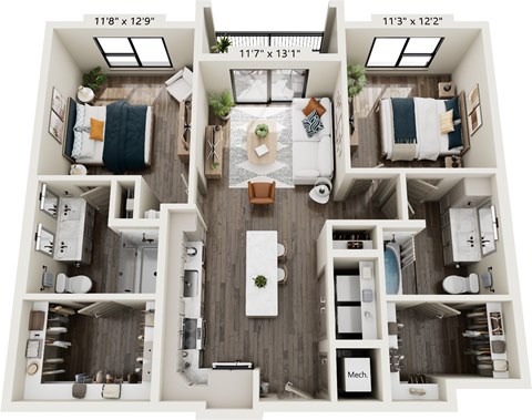 Floor plan for 2 beds, 2 baths, 1038 sqft