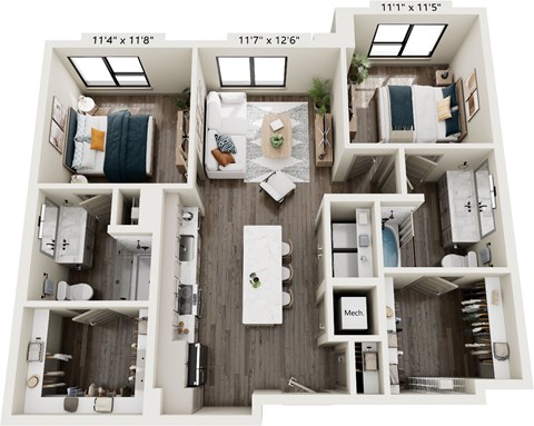Floor plan for 2 beds, 2 baths, 1041 sqft