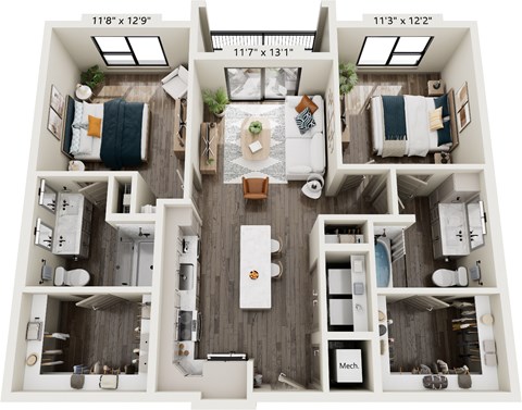 Floor plan for 2 beds, 2 baths, 1048 sqft