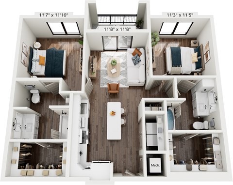 Floor plan for 2 beds, 2 baths, 1048 sqft