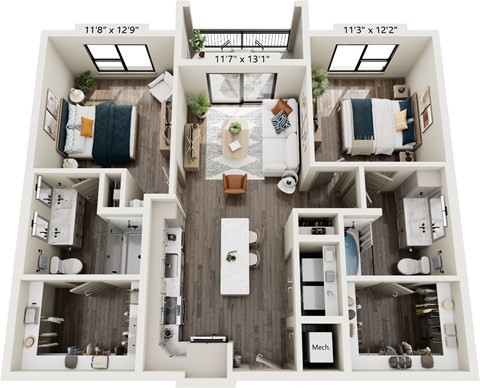 Floor plan for 2 beds, 2 baths, 1048 sqft