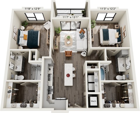 Floor plan for 2 beds, 2 baths, 1048 sqft
