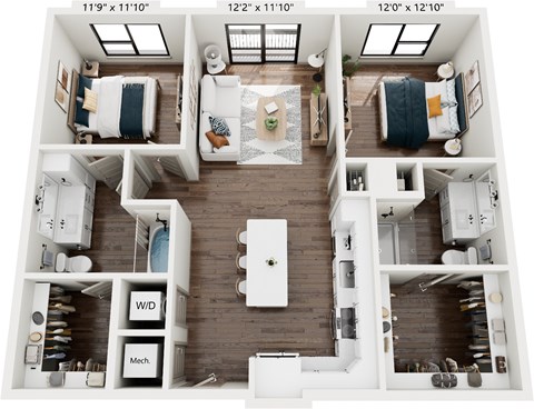 Floor plan for 2 beds, 2 baths, 1082 sqft